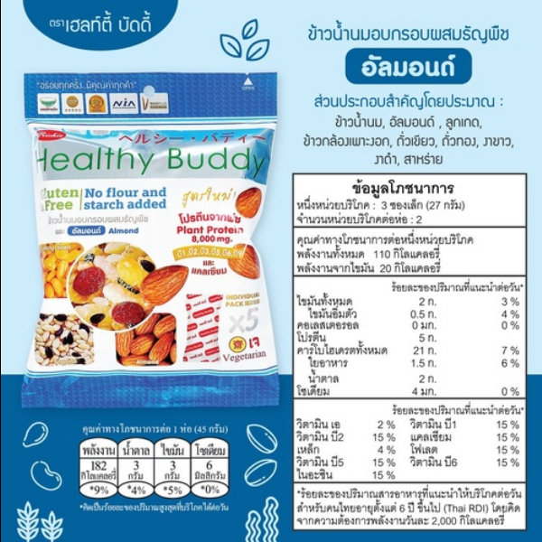 [ 2 ชิ้น ] Healthy Buddy ขนมข้าวน้ำนมอบกรอบผสมธัญพืช และอัลมอนด์ 45g