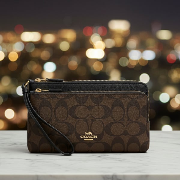 Coach Leather Coach Double Zip Wallet Wristlet กระเป๋าคล้องมือ
