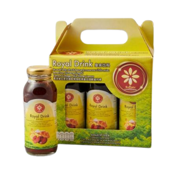 Royal drink น้ำโสมอเมริกาสกัด ผสมเห็ดหลินจือแดงสกัด คอลลาเจน น้ำผึ้ง เลม่อน ขวดใหญ่ 200ml 1 แพ็ค 6 ขวด