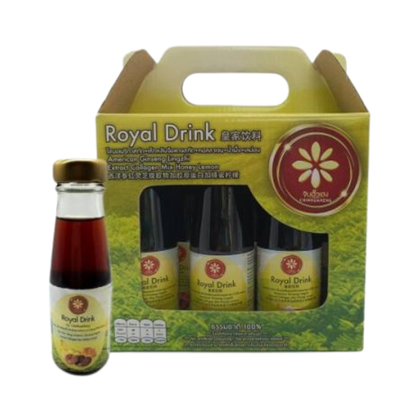 Royal drink น้ำโสมอเมริกาสกัด ผสมเห็ดหลินจือแดงสกัด คอลลาเจน น้ำผึ้ง เลม่อน ขวดเล็ก 100ml 1 แพ็ค 9 ขวด