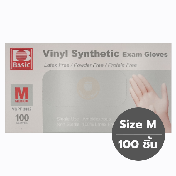 ถุงมือ ตรวจโรค ไวนิล ใส แบรนด์ BASIC กล่อง 100 ชิ้น ไซส์ M