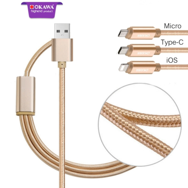 OKAWA สายชาร์จ 3in1 ชาร์จได้ทุกพอร์ต หุ้มไนล่อนสีทอง รุ่น UB-13